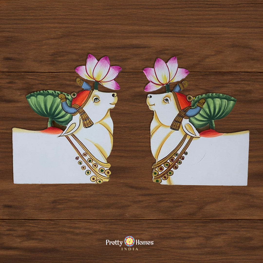 pichwai half cow cutout with lotus traditional cow lotus motif pair
