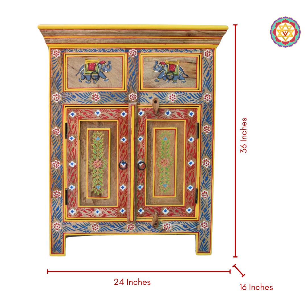 Wooden Handpainted Storage Cabinet – Side Cabinet with Floral &amp; Elephant Paintings