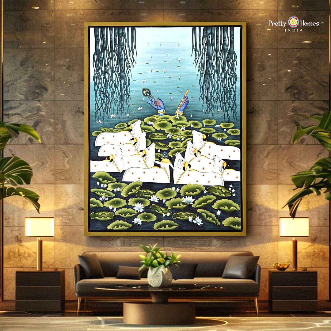 Exquisitely decorated Pichwai artwork capturing Krishna’s divine leelas with traditional iconography