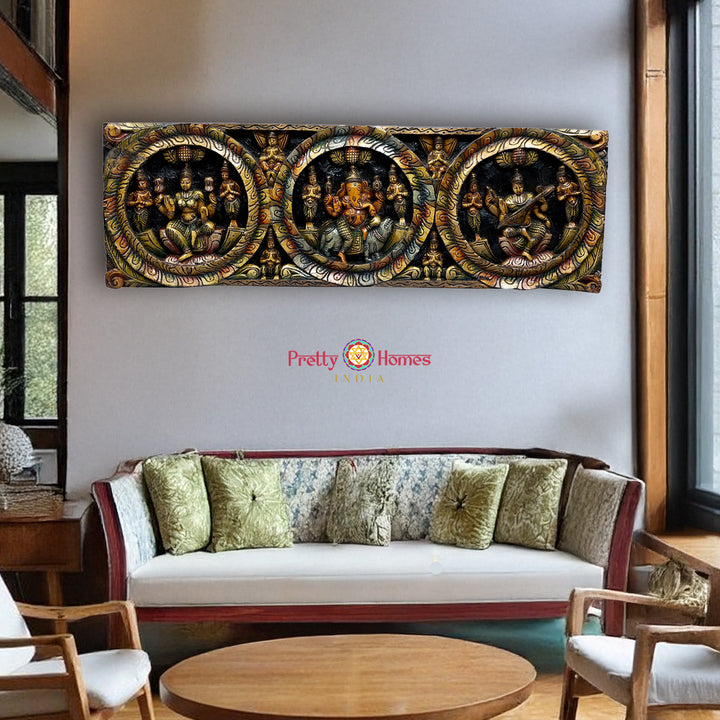 Ganesha-Lakshmi-Saraswati — 36-inch Teak Halo Panel for Sacred & Heritage Interiors