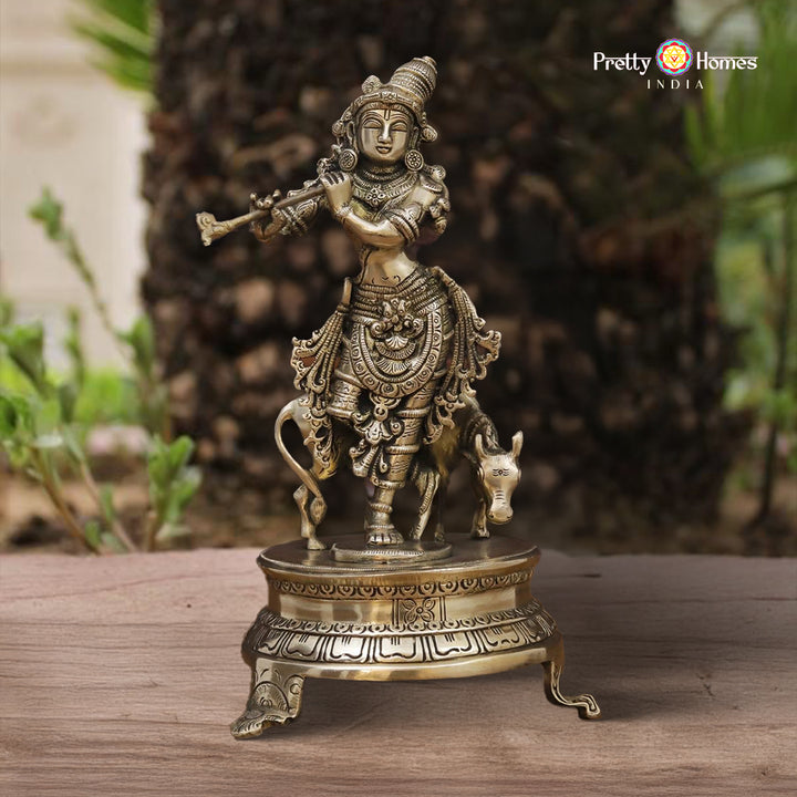 Brass Krishna Idol, Playing Flute Beside Cow, Golden Work, 11”