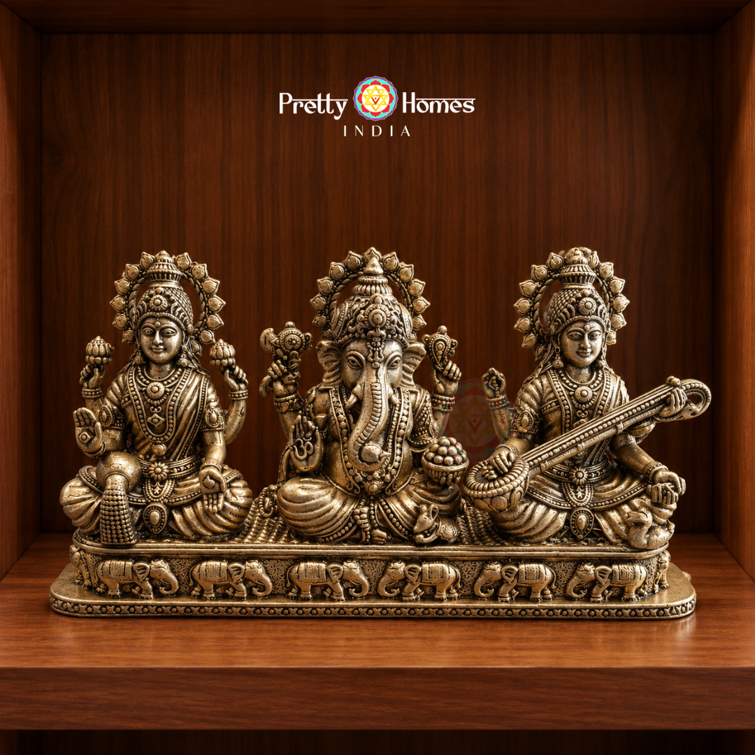Brass Handcrafted Ganesh, Lakshmi & Saraswati with Elephants