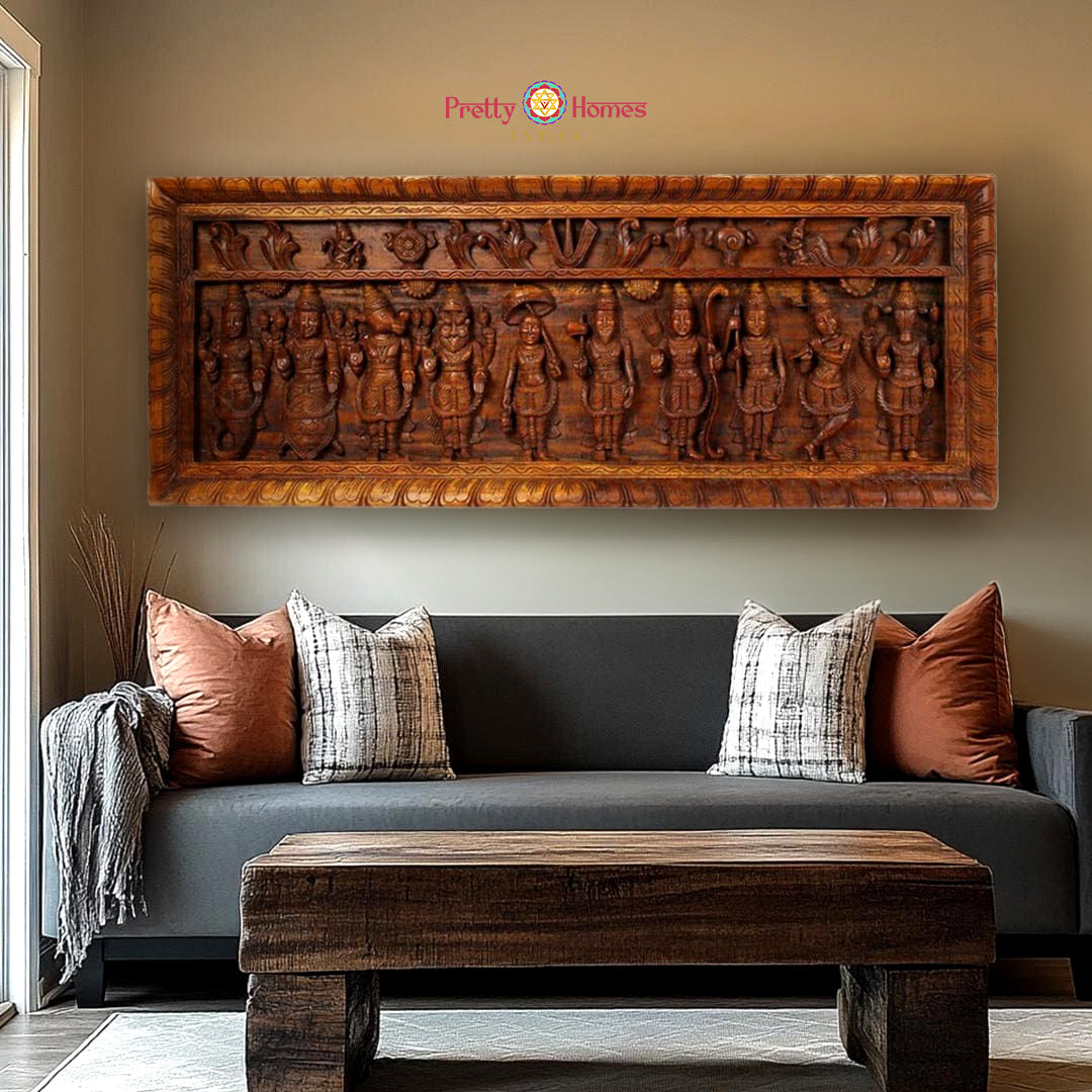 handcarved dasavtar panel with gandharvas lotus and floral detailing full view