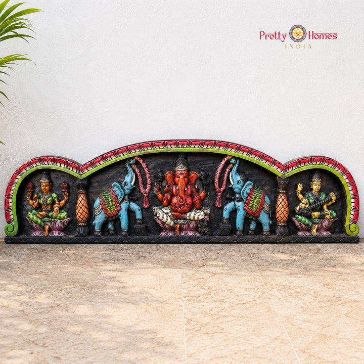 Wood-Carved Gajaganesh Panel with Lakshmi and Saraswati Carvings