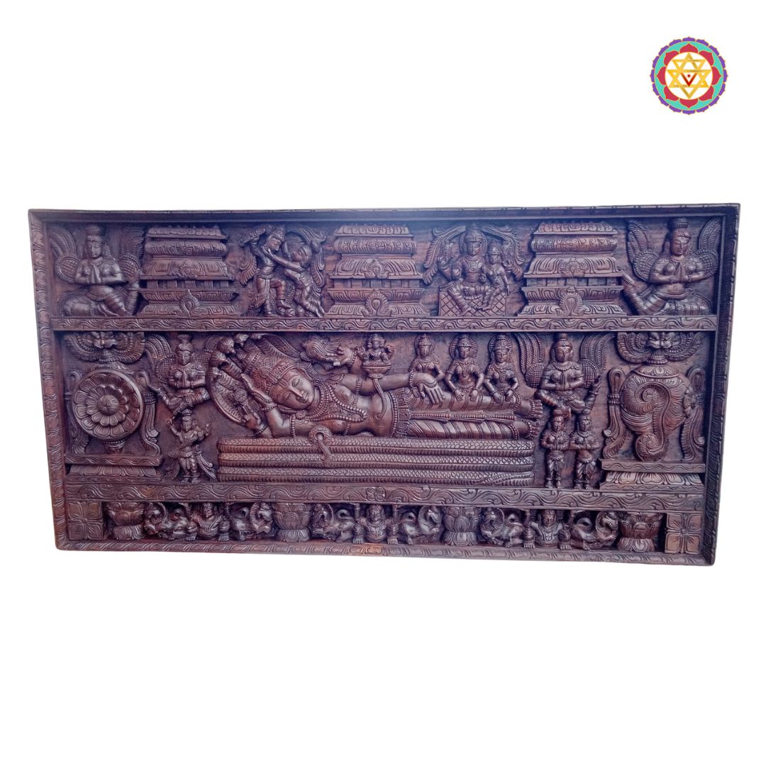 Wooden panel with intricate carvings on a white background - Central image of Ananta Shayana Vishnu on serpent

