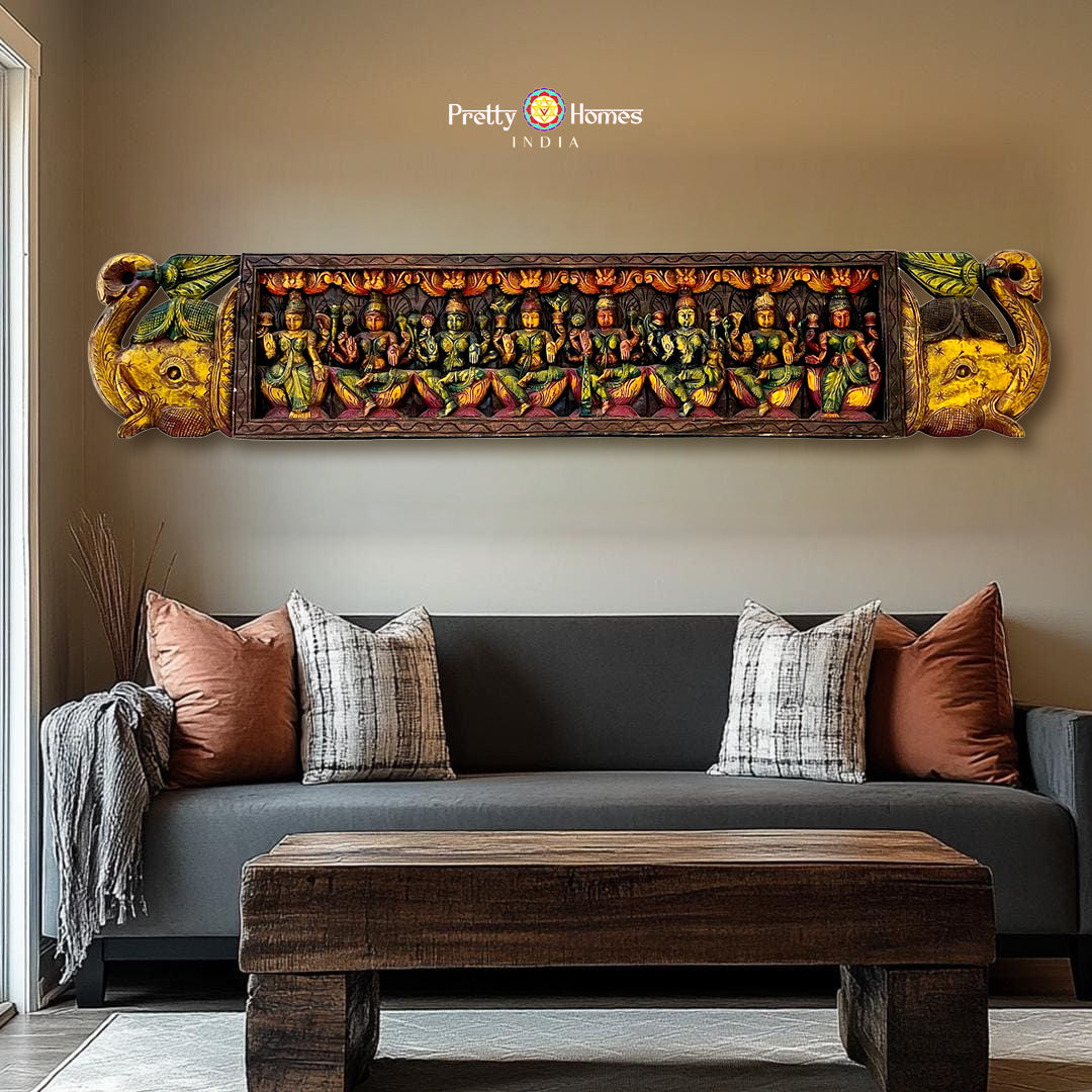 intricately carved ashtalakshmi horizontal panel with trunk up elephants full view