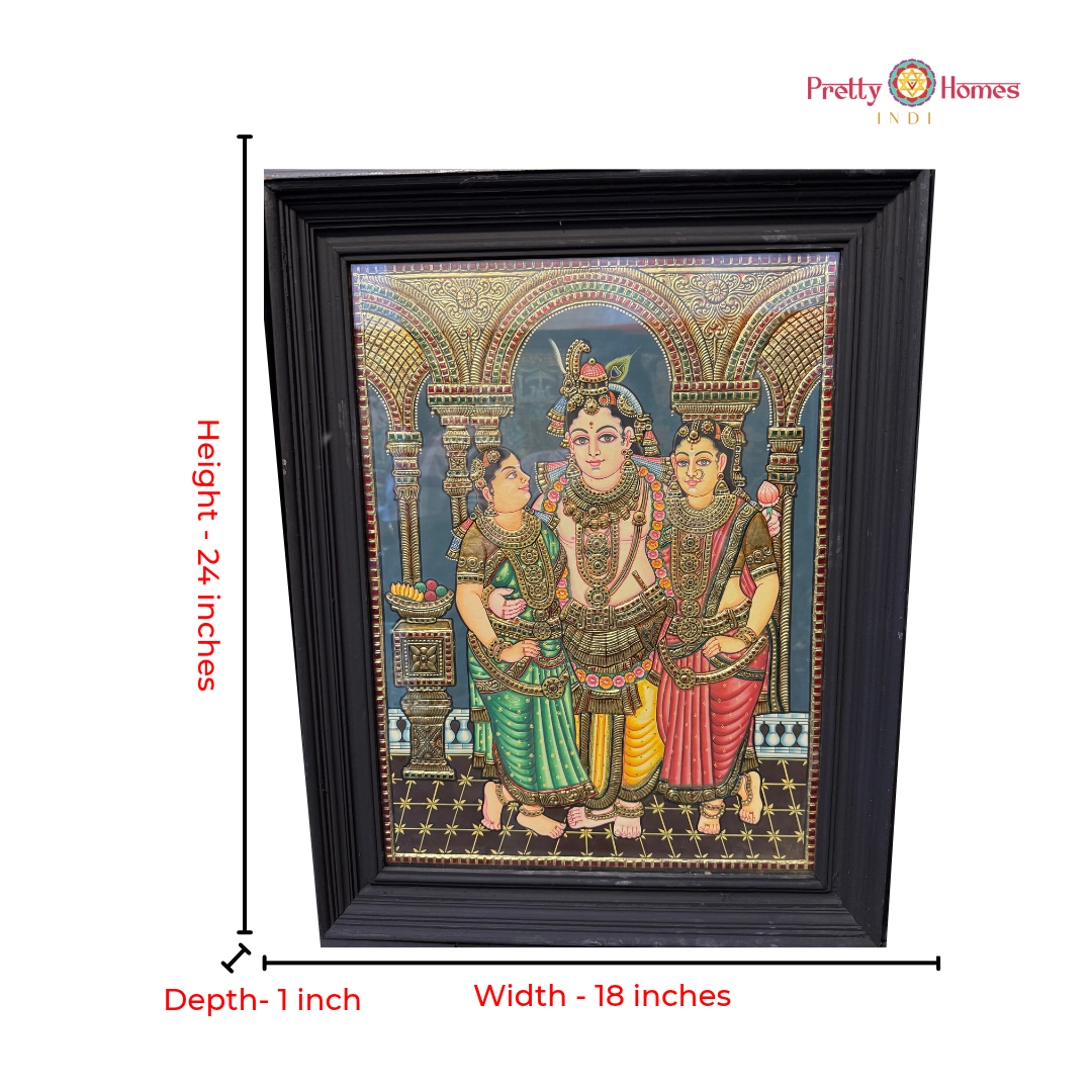 Lord Krishna with Consorts Rukmini & Satyabhama – Tanjore Painting