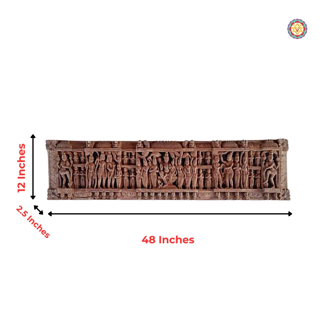 Antique wood carving with multiple deities – handcrafted wooden wall decor for pooja space.
