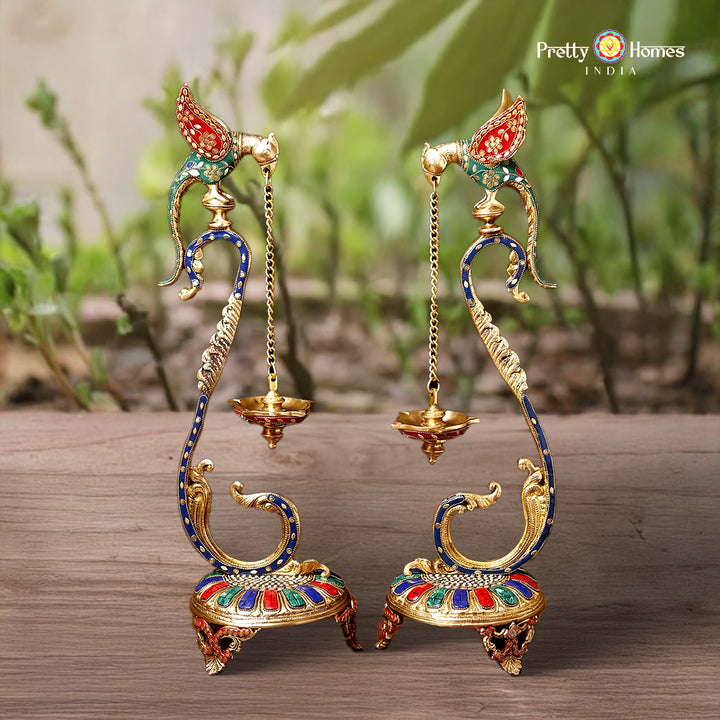 Brass Parrot Lamp – 24 Inch Brass Diya Pair with Intricate Stone Detailing | Decorative Temple & Home Decor