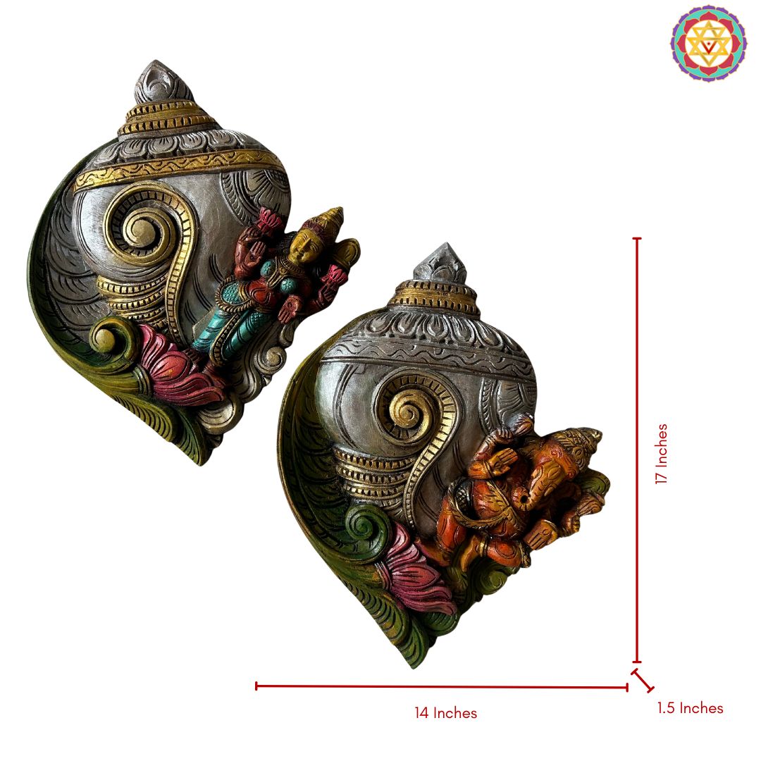 woodcarved conch/shankh wall frames with Ganesha and Laxmi on lotus -set of 2