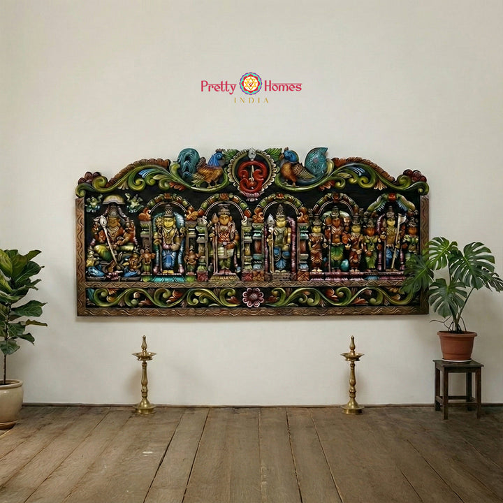 Majestic wood carved Lord Murugan horizontal wall panel with temple artistry