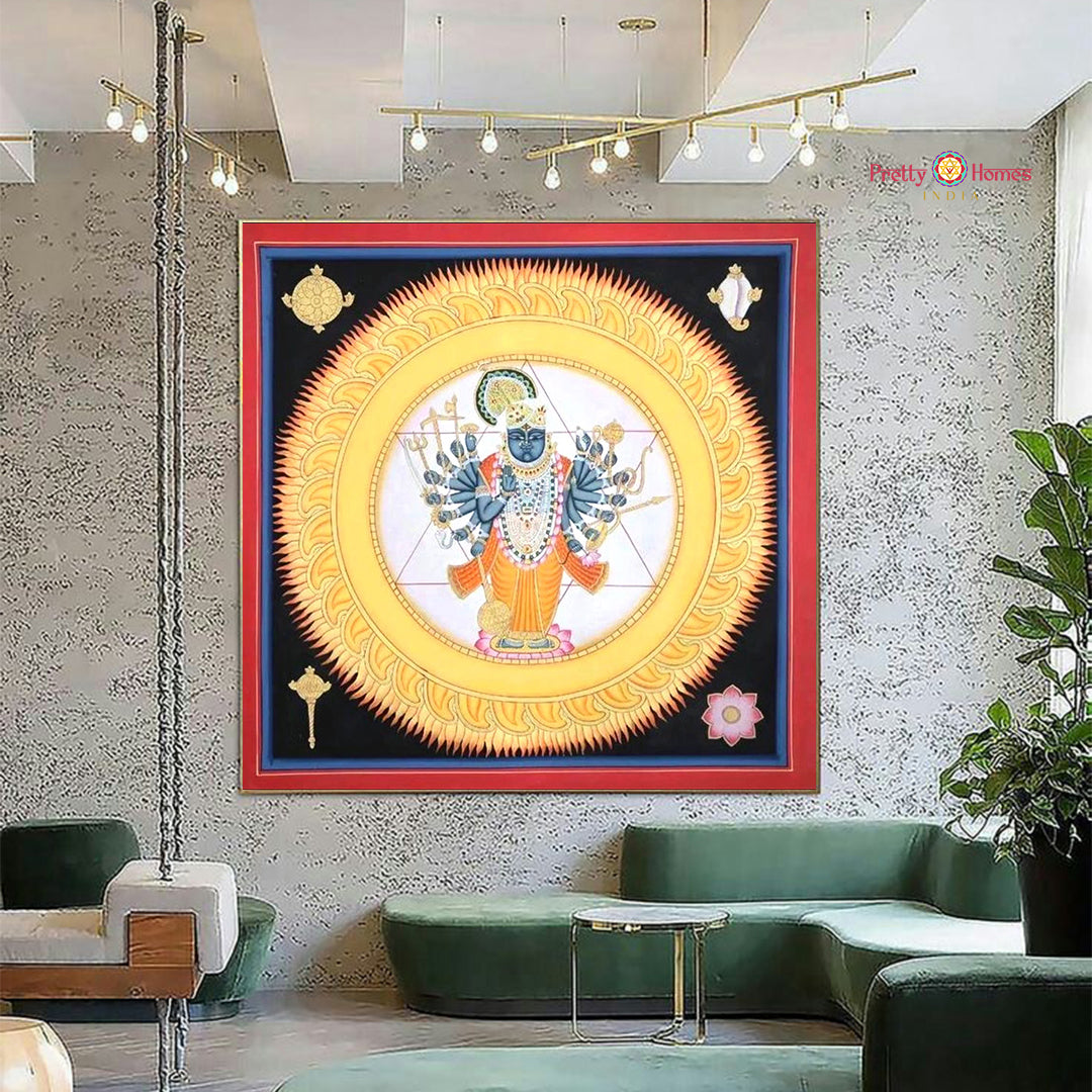 Hand-painted Pichwai Shrinathji Sudarshan Swaroop — devotional artwork depicting divine aura, traditional Indian art on cloth