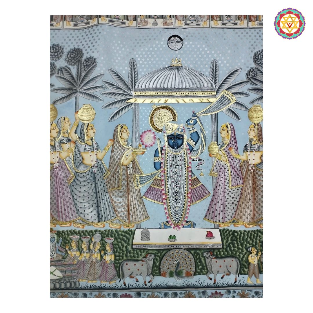 handpainted horizontal pichwai vintage style shrinathji darshan with golikas detailed shot focusing on facial expressions and brushwork