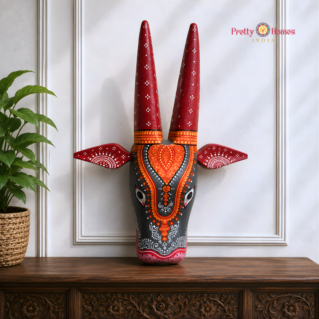 Orange & Red Hand-Painted Cow Head with Geometric Designs