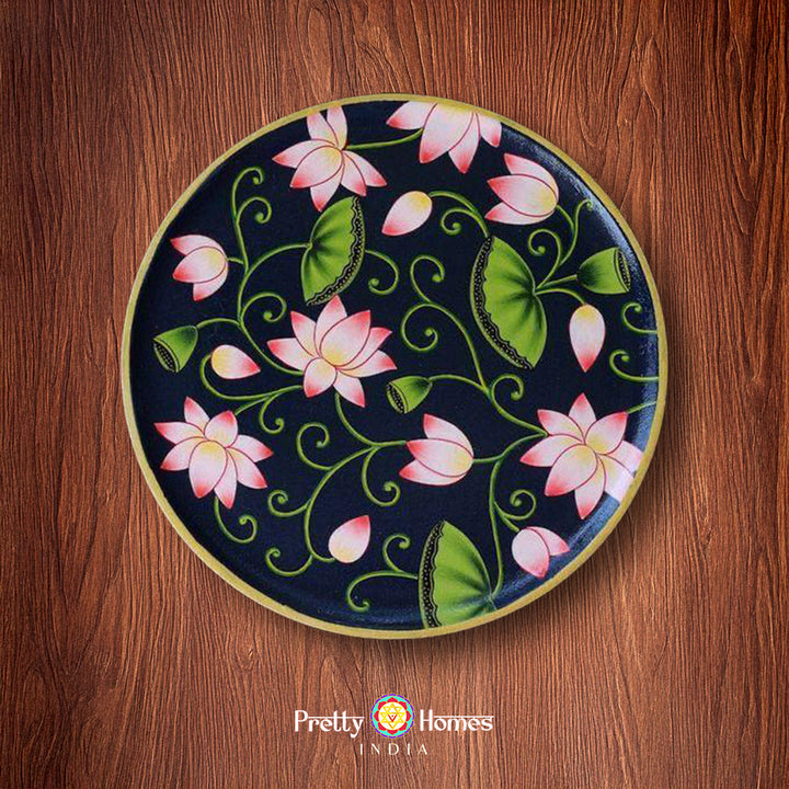 Hand painted pichwai design wall plate with pink lotus flowers