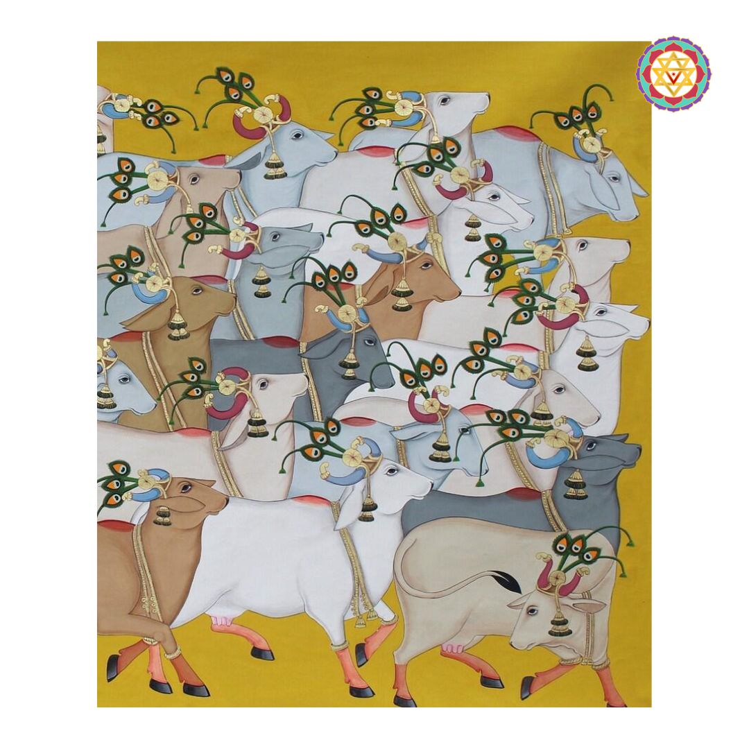 detailed brush texture of hand-painted pichwai cows artwork