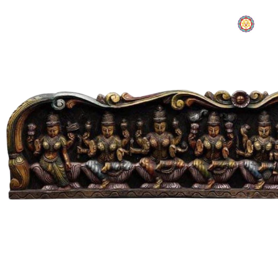 Wooden Ashtalaxmi carving — handcrafted goddess Laxmi wall decor.