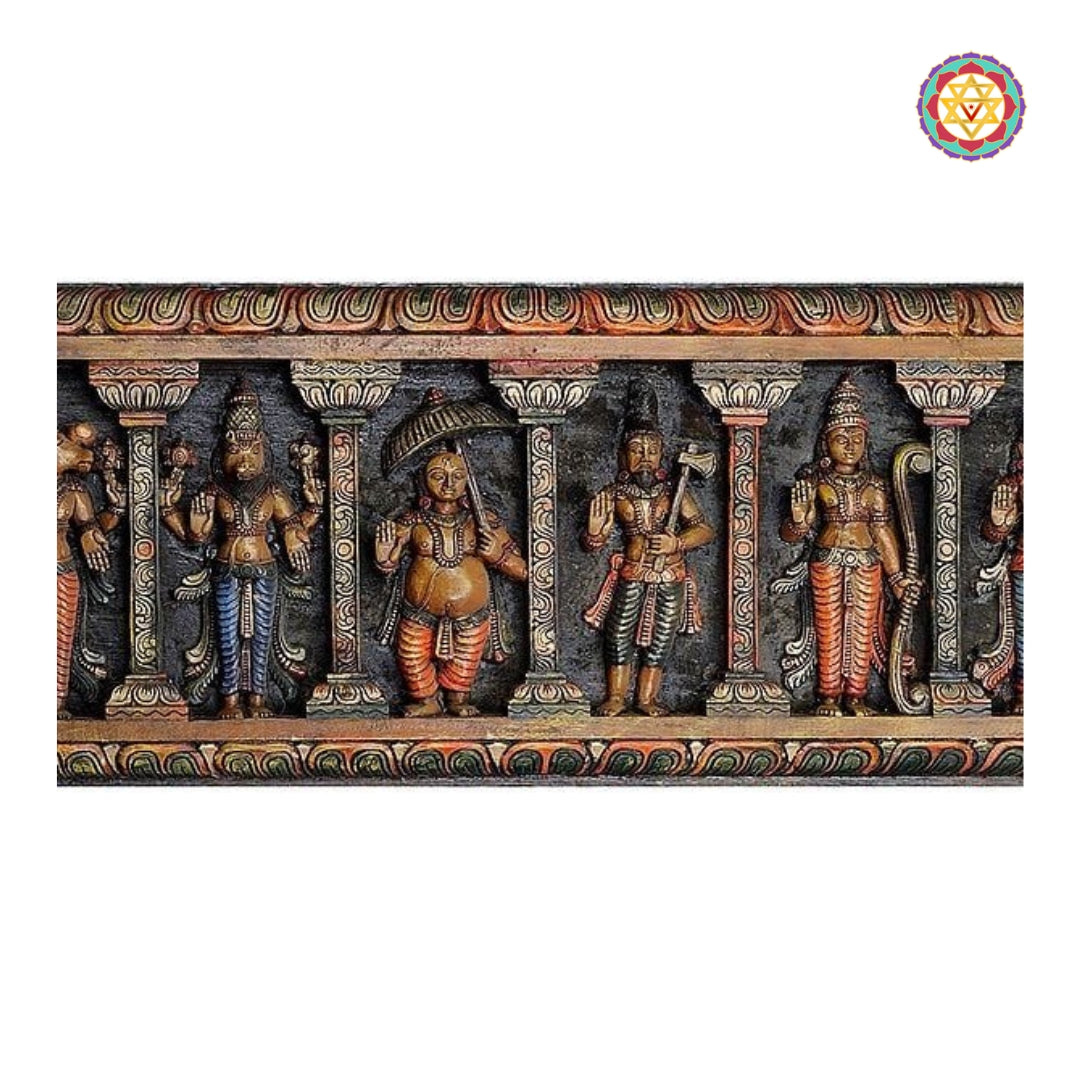 Close-up temple carving details of Dasavathar panel artisan craftsmanship