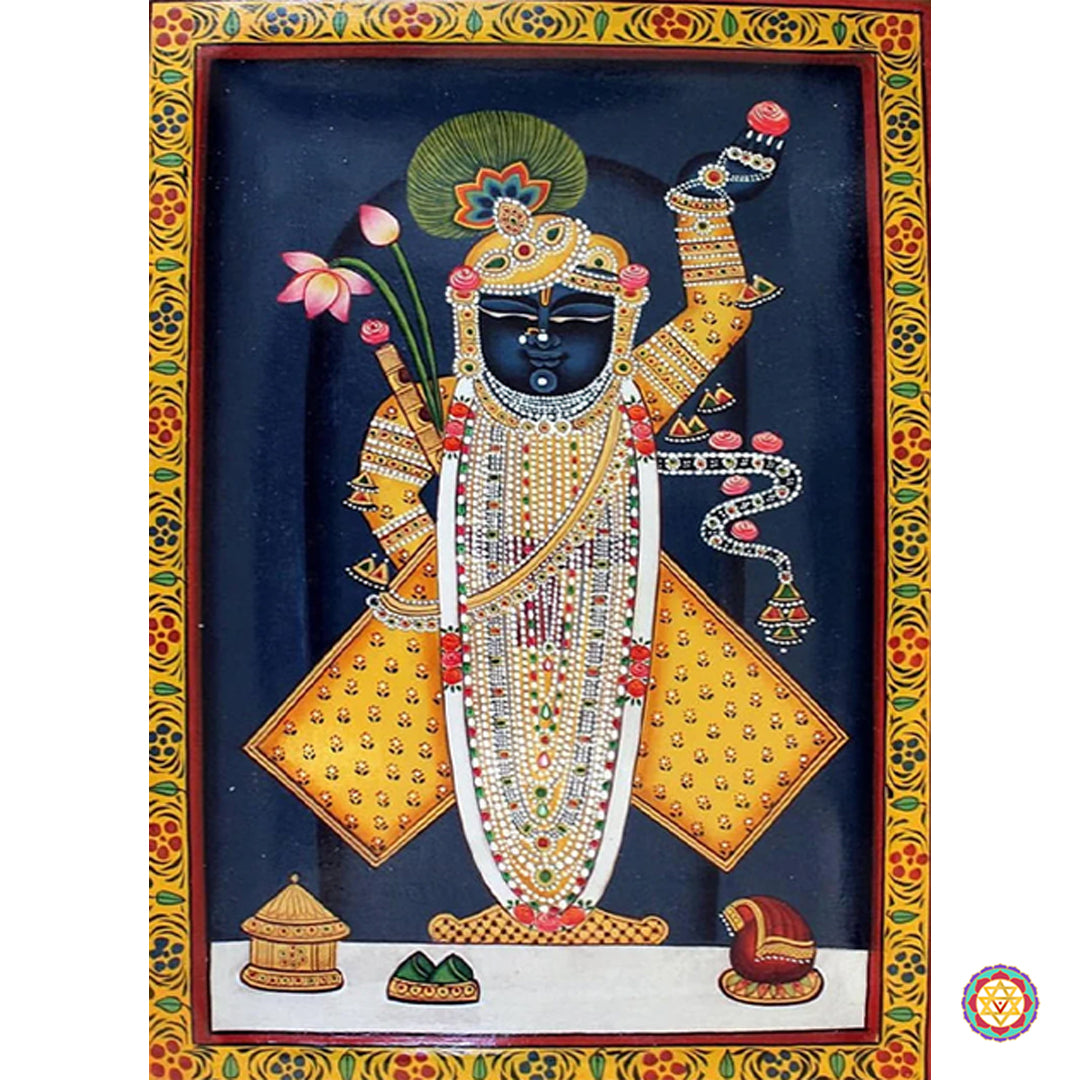 Wide view of Pichwai Shreenathji painting showing full border and temple arch — Nathdwara-style devotional art.