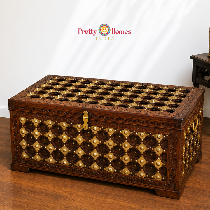 Wooden Storage Trunk / Coffee Table with Detailed Brass Work