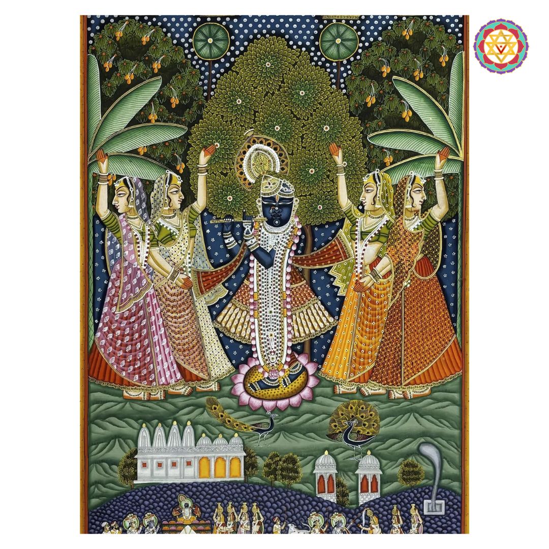 close-up of shrinathji pichwai showing detailed cow and gopika motifs