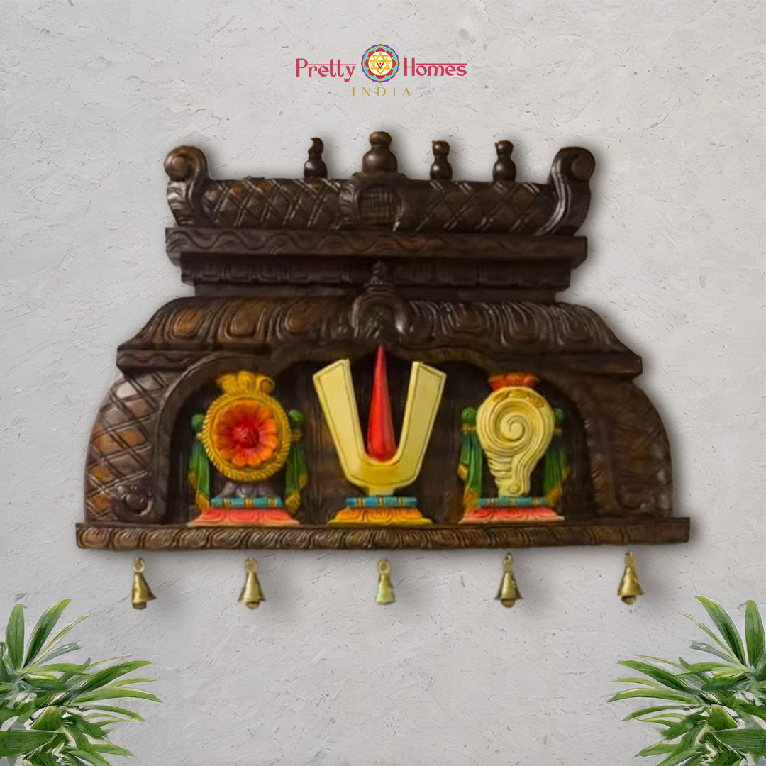 shankh chakra namam wooden panel in temple gopuram style