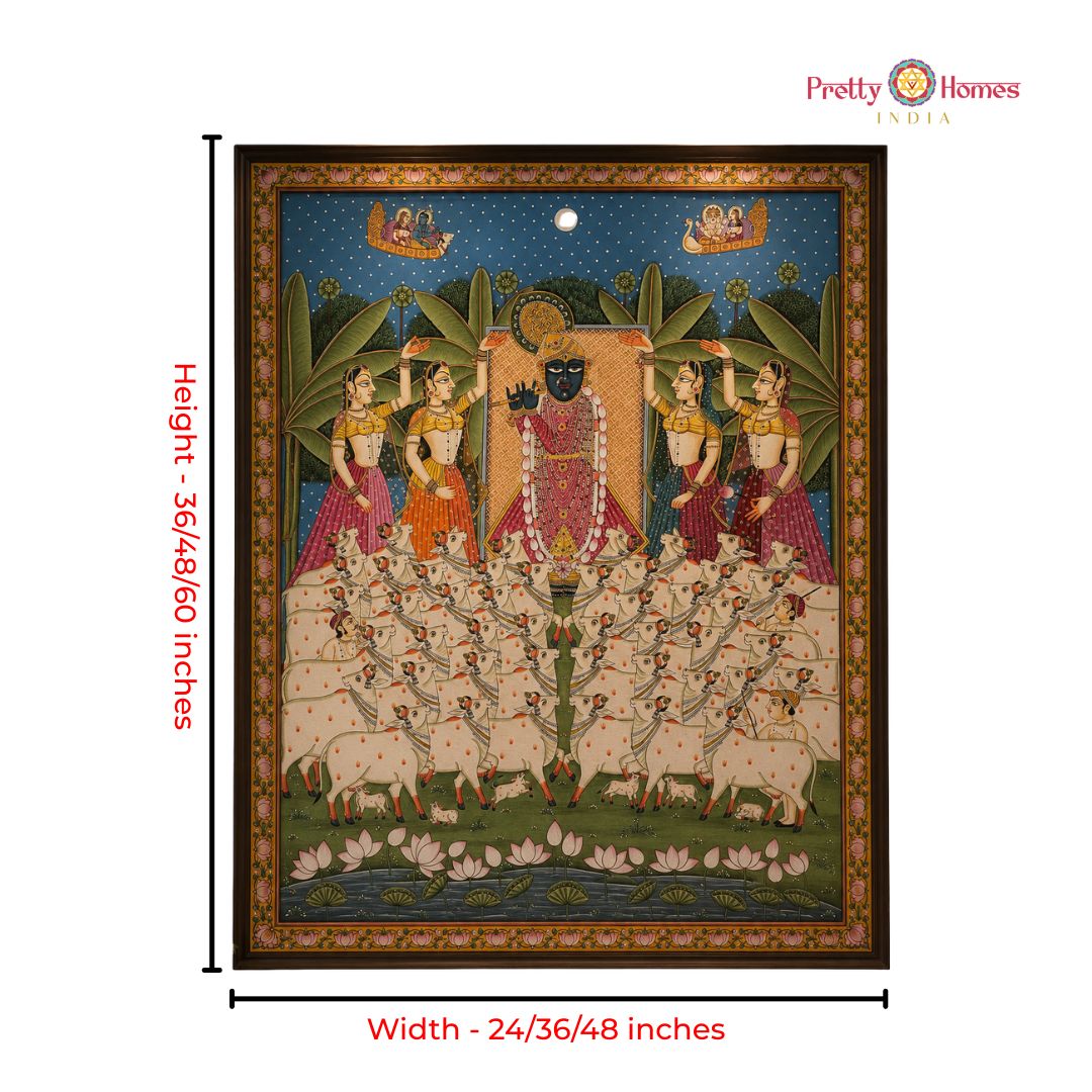 Handpainted Pichwai – Sharad Swaroop Shrinathji with Gopikas & Cows