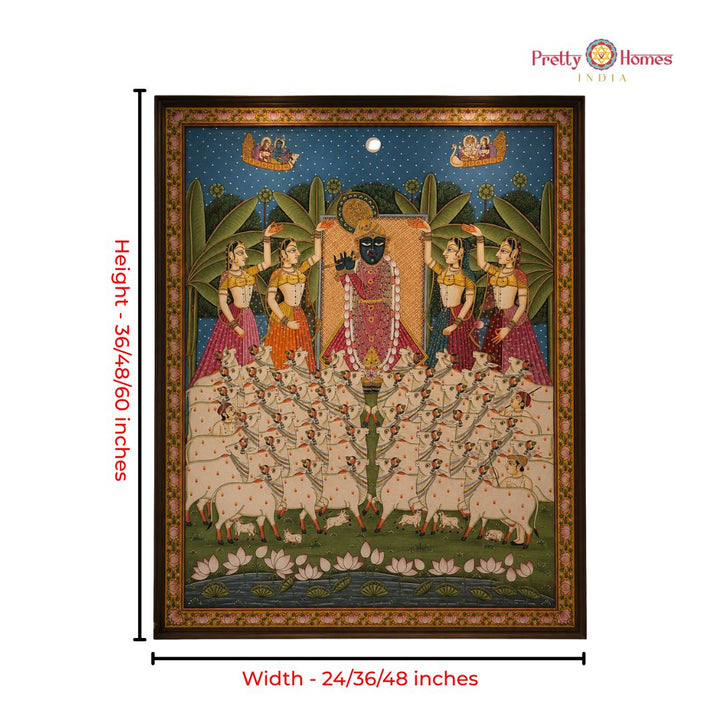 Handpainted Pichwai – Sharad Swaroop Shrinathji with Gopikas & Cows