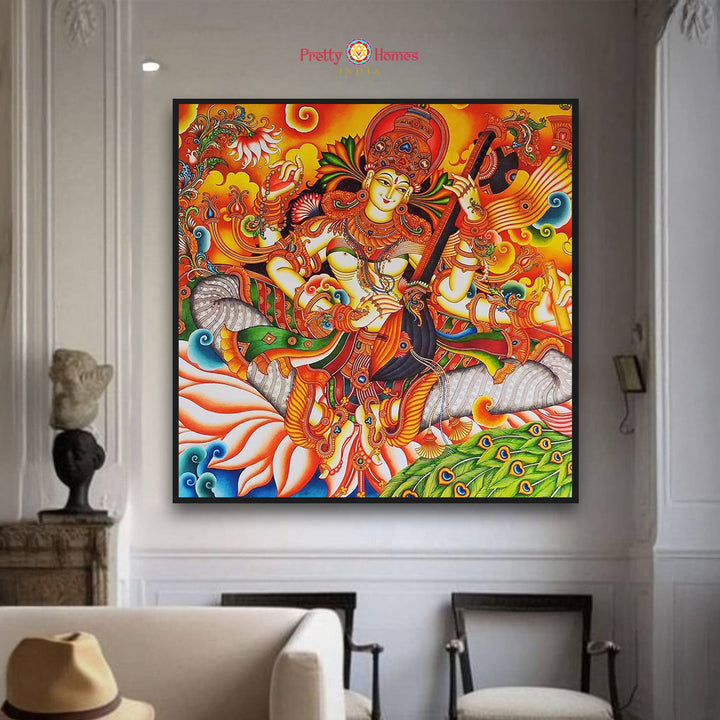 Kerala Mural Style Divine Saraswati with Veena Handpainting – Symbol of Wisdom and Art