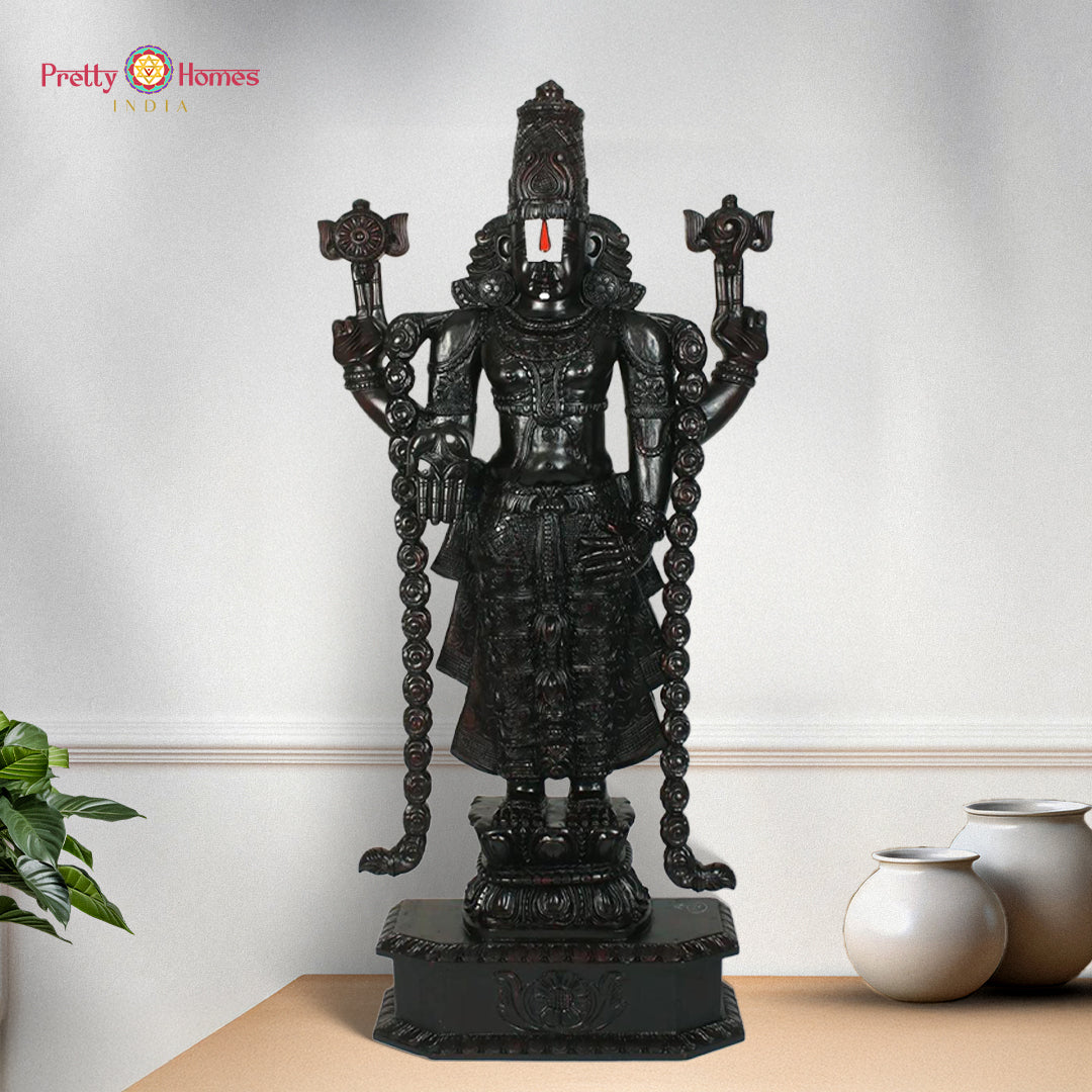 hand carved teakwood tirupati balaji statue with ornate temple detailing