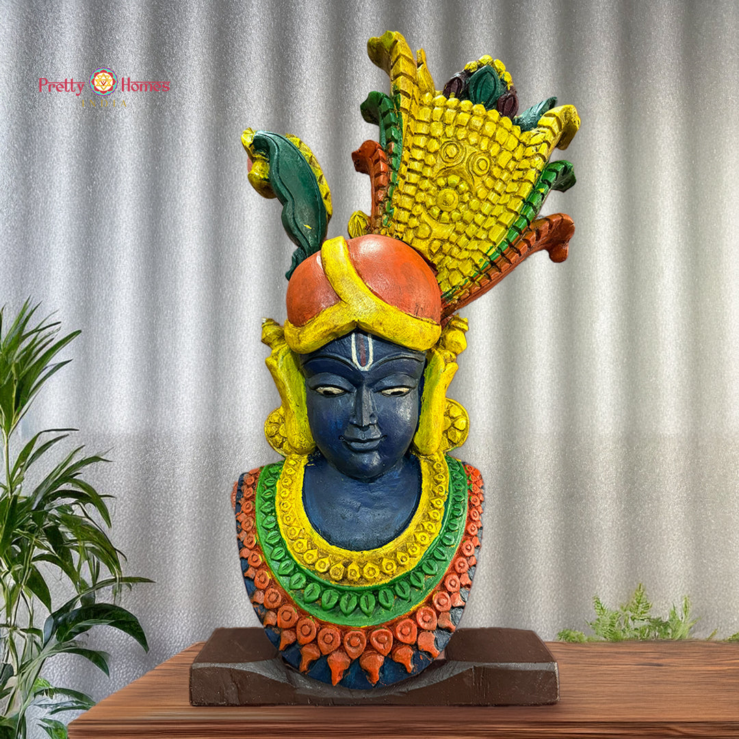 Shrinathji Bust on Stand — Handcarved Wooden Sculpture for Sacred & Interior Styling