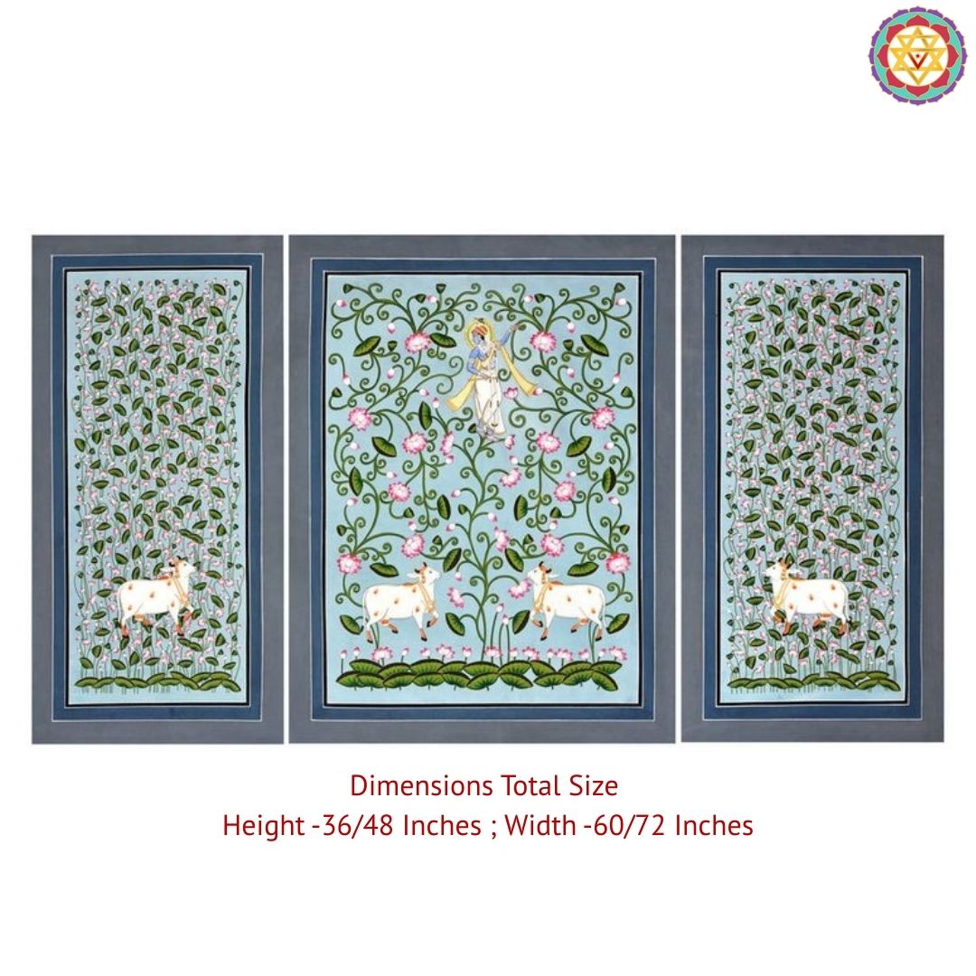 Blue Handpainted Pichwai Set of 3 – Krishna with Lotus Pond Theme