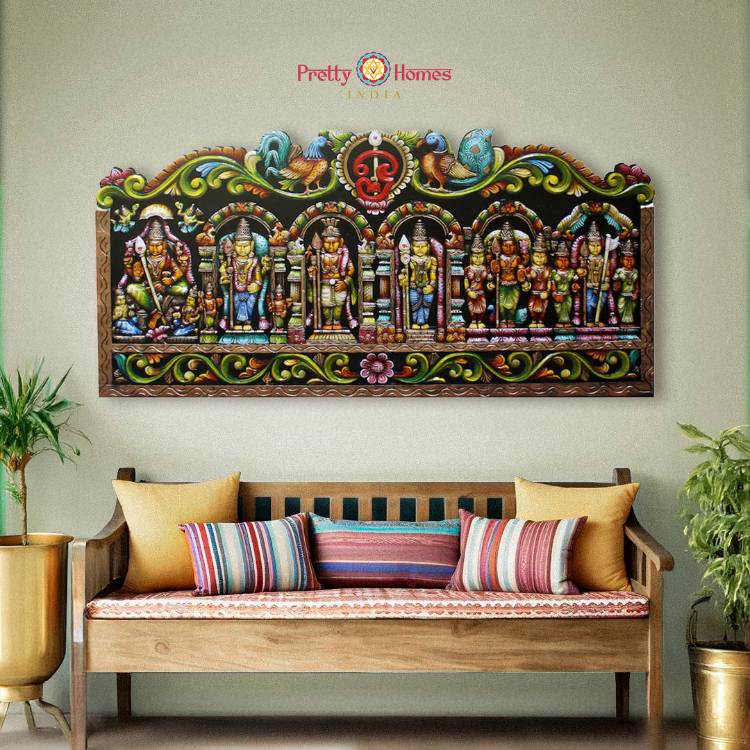 6 temple view kartikeya horizontal wood carved panel wall hanging