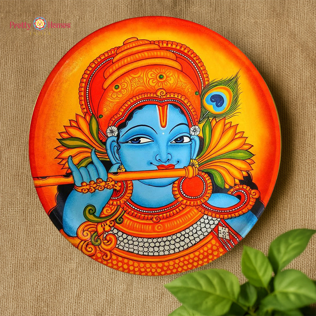 Kerala mural Krishna wall plate showing Krishna playing flute in traditional handpainted style