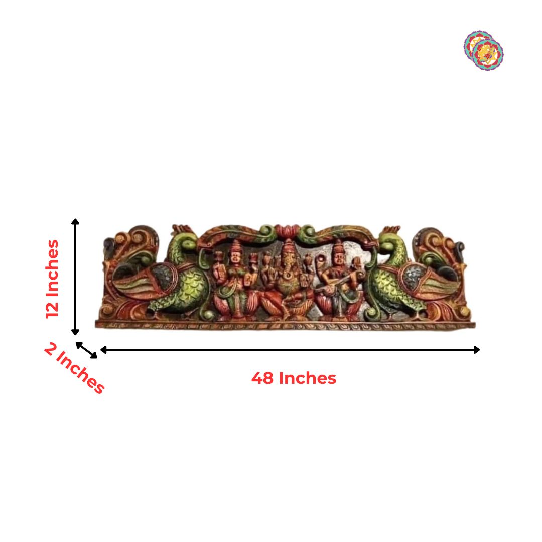 Handcarved Ganesh Laxmi Saraswati — traditional Hindu wall panel.