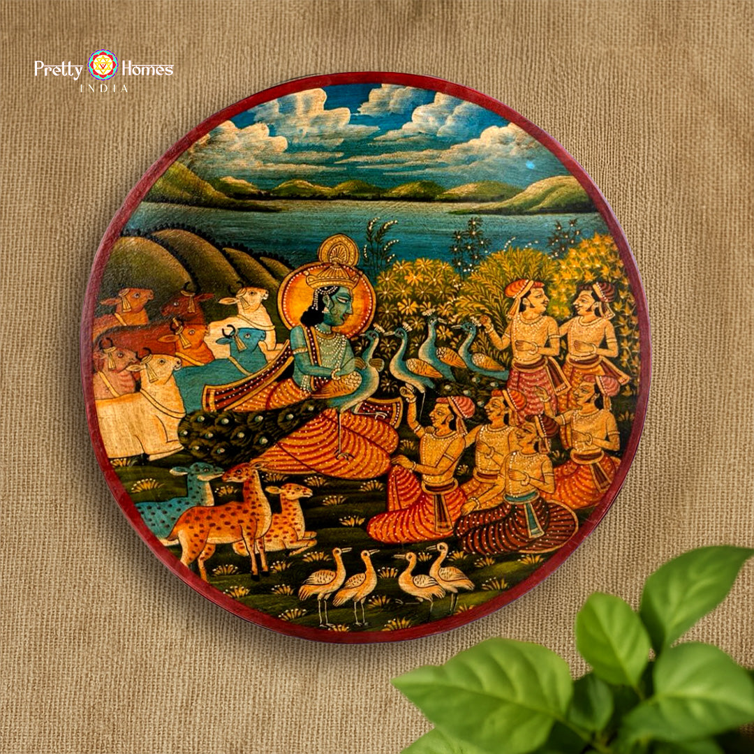 Detail closeup of shepherd Krishna vintage Pichwai wall plate