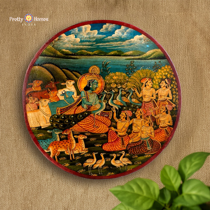 Shepherd Krishna Pichwai Plate – Vintage Hand-Painted Wall Art