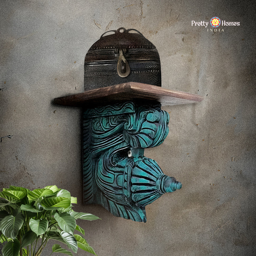 Front view of wooden bodhil bracket with top shelf showing intricate floral carvings and detailed craftsmanship