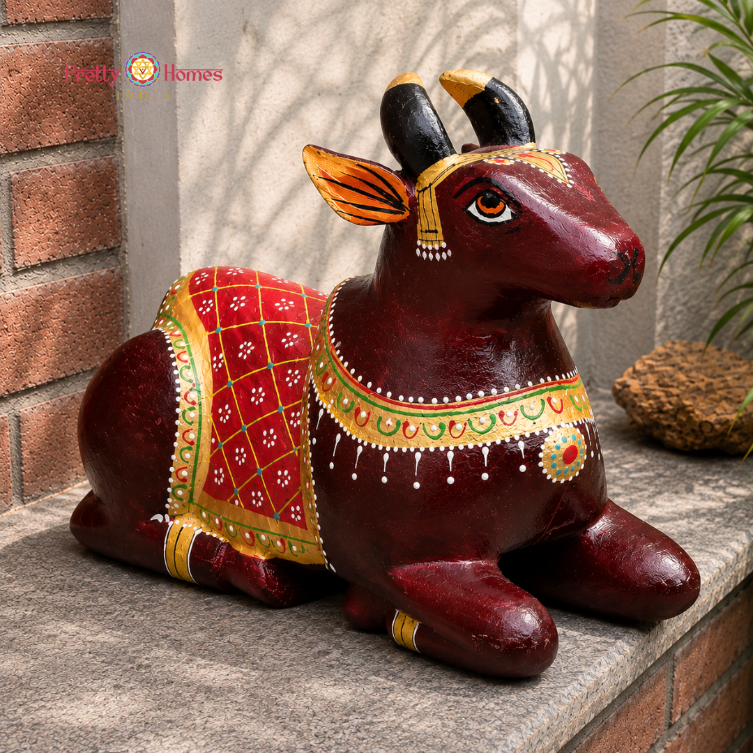 Handpainted Wooden Nandi with Red Motifs