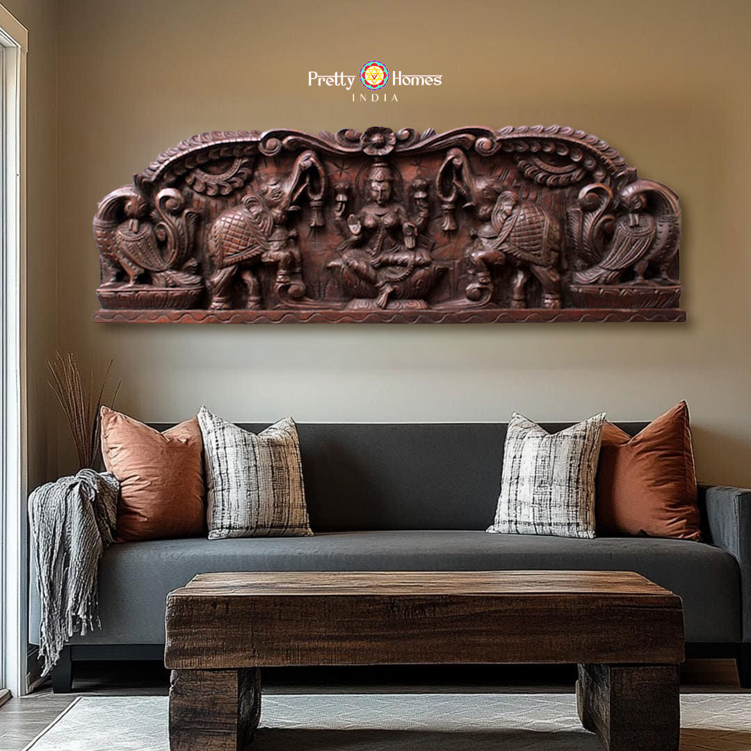 intricately carved gajalakshmi horizontal panel full view with peacocks and floral detailing