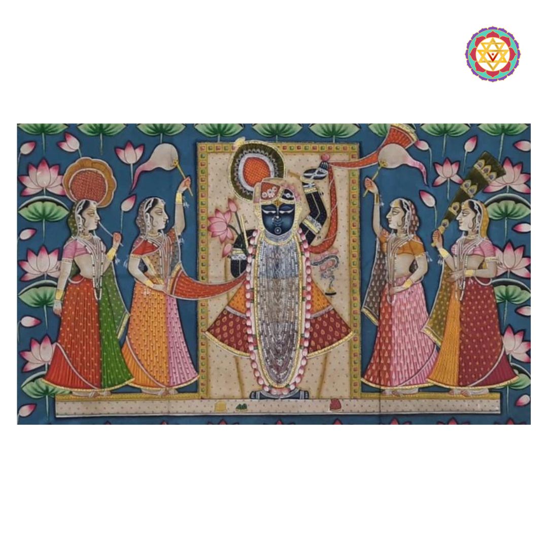 Close-up of Shrinathji and lotus details in Sharad Poornima hand-painted pichwai.