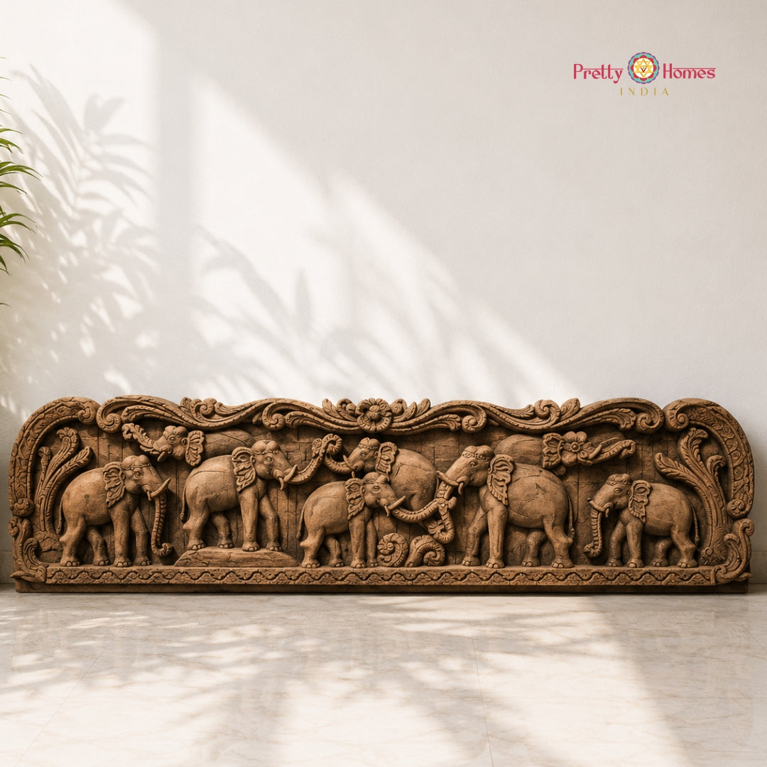 Wooden Elephant Wall Panel | Natural Finish Handcarved Decor