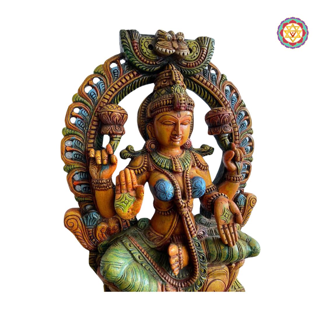 Hand-Carved Goddess Lakshmi Statue – Abhaya Mudra with Mythical Yali