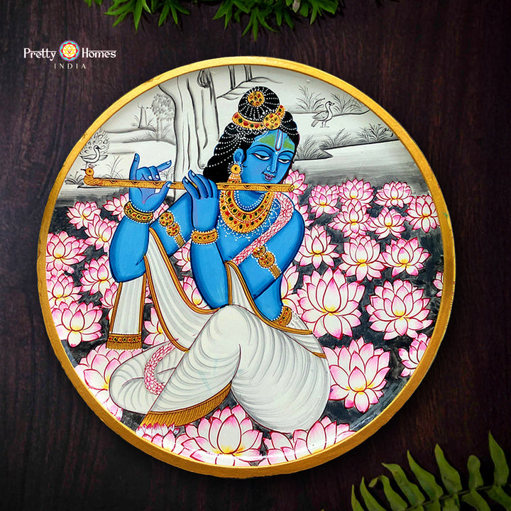 Hand painted Krishna flute Pichwai wall plate with lotus motifs devotional Indian decor artwork