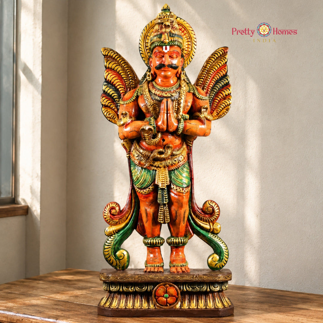 Wood-Carved Standing Garuda Statue with Folded Hands