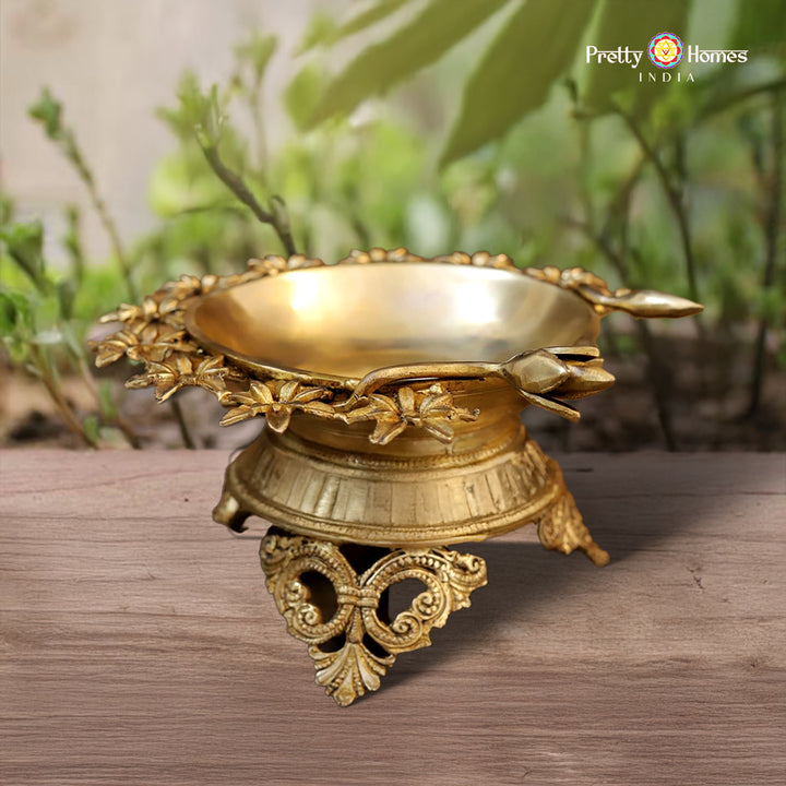 Brass Flower Urli – 5 Inch with Engraved Base and Elegant Golden Finish | Decorative Piece for Home & Temple
