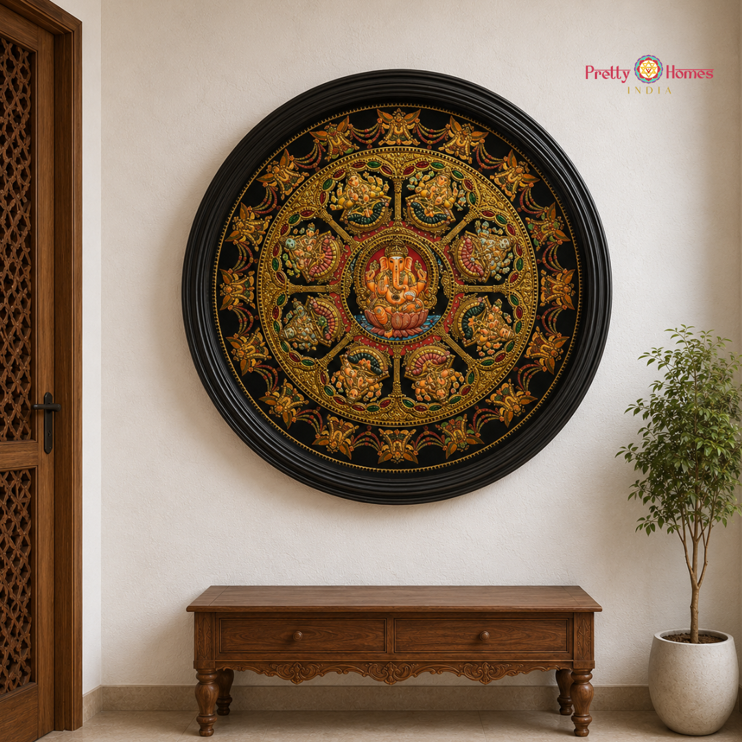 Round Hand-Painted Tanjore – Ganesha with Ashtalakshmi in 24 Carat Real Gold Foil