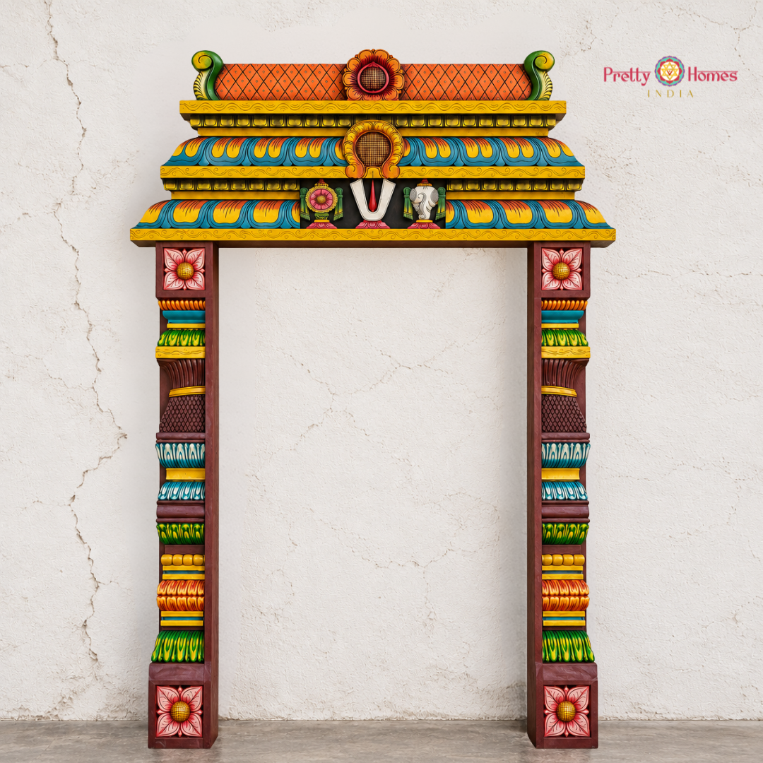 Chettinad-Style Multicoloured Gopuram with Matching Pillars
