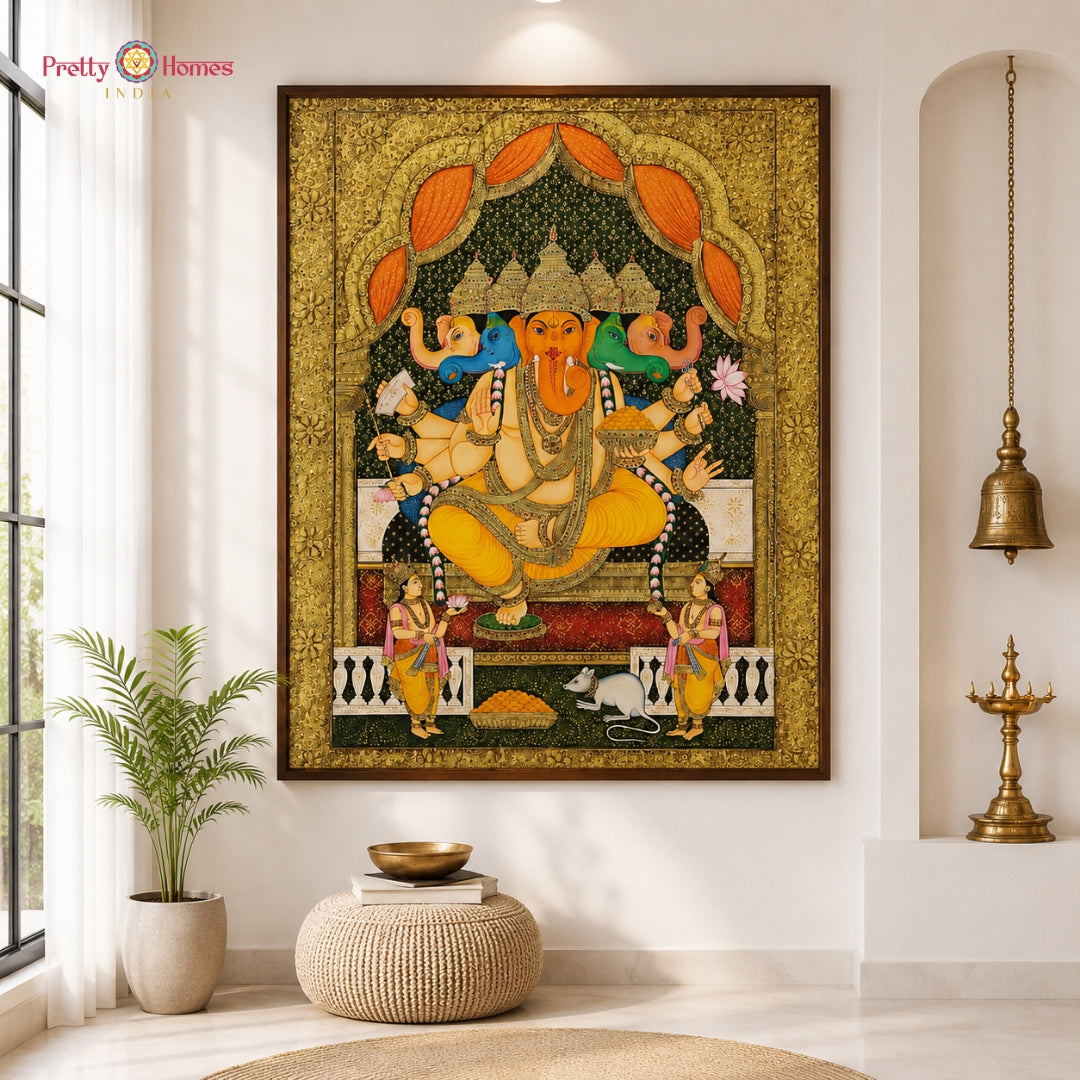 Hand-Painted Pichwai – Embossed Tanjore Style Panchmukhi Ganesha with Worshippers