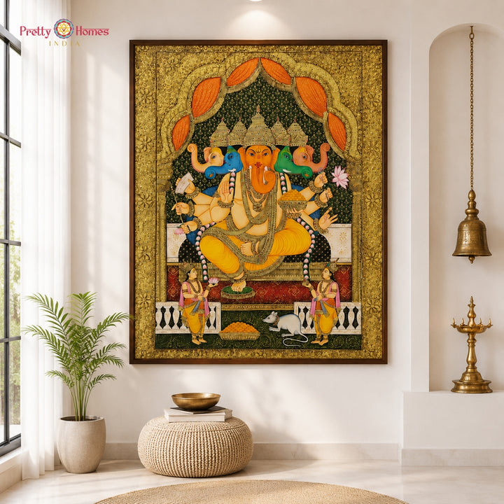 Hand-Painted Pichwai – Embossed Tanjore Style Panchmukhi Ganesha with Worshippers